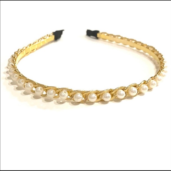 Accessories - Faux Pearl Headband Gold Tone 1/4”